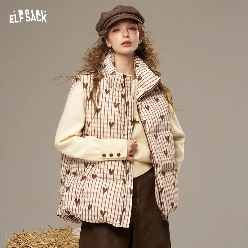 ELFSACK 2025 Autumn New Arrivals Casual Y2K Heart And Checkered Pattern Design Sleeveless Down Jacket For Woman