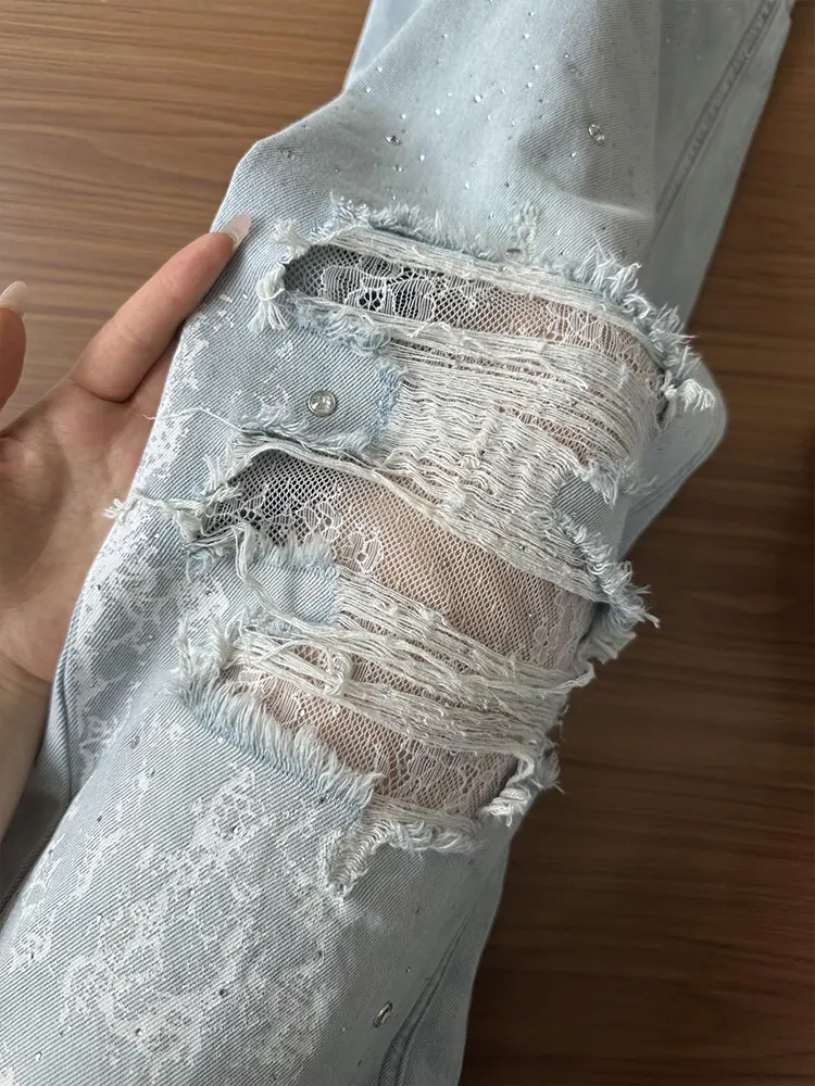 

Светло-голубые тяжелые джинсы Du со стразами и дырками, женские летние повседневные свободные кружевные широкие брюки, длинные модные джинсы