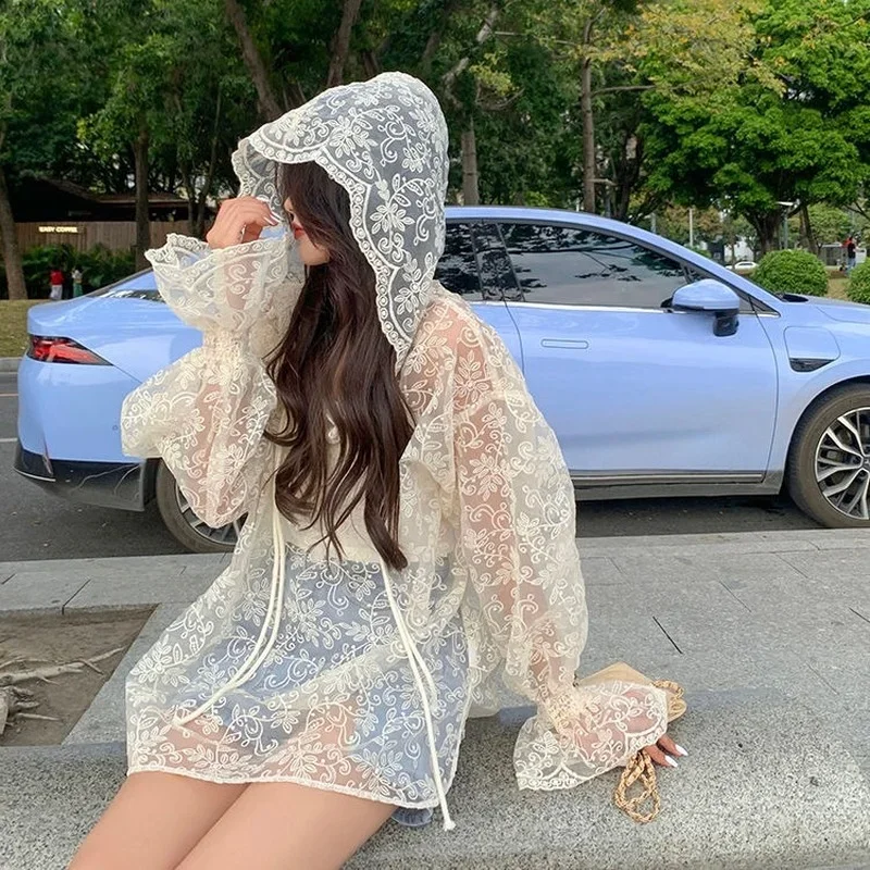 Women Lace Hooded Sun Protection Shirt Korean Fashion Thin Long Sleeve Top Designer Coat Wholesale Sweatshirt Pop Clothes new