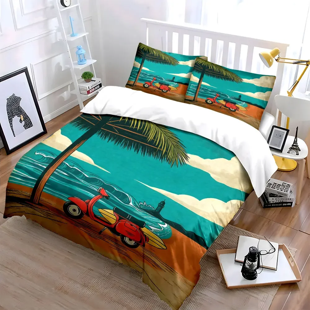 Beach Scooter Summer Decor Soft Comfortable Duvet Cover Bedding Set Included 1*Duvet Cover & 2*Pillowcases, gift