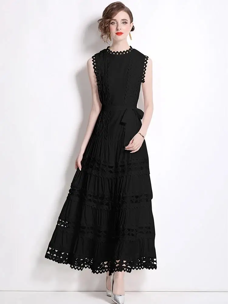 الصيف الدانتيل تقسم التطريز الدانتيل يصل حزام مساء رداء فستان المرأة بلا أكمام الجوف خارج الصلبة طويلة ملابس حفلات الزفاف