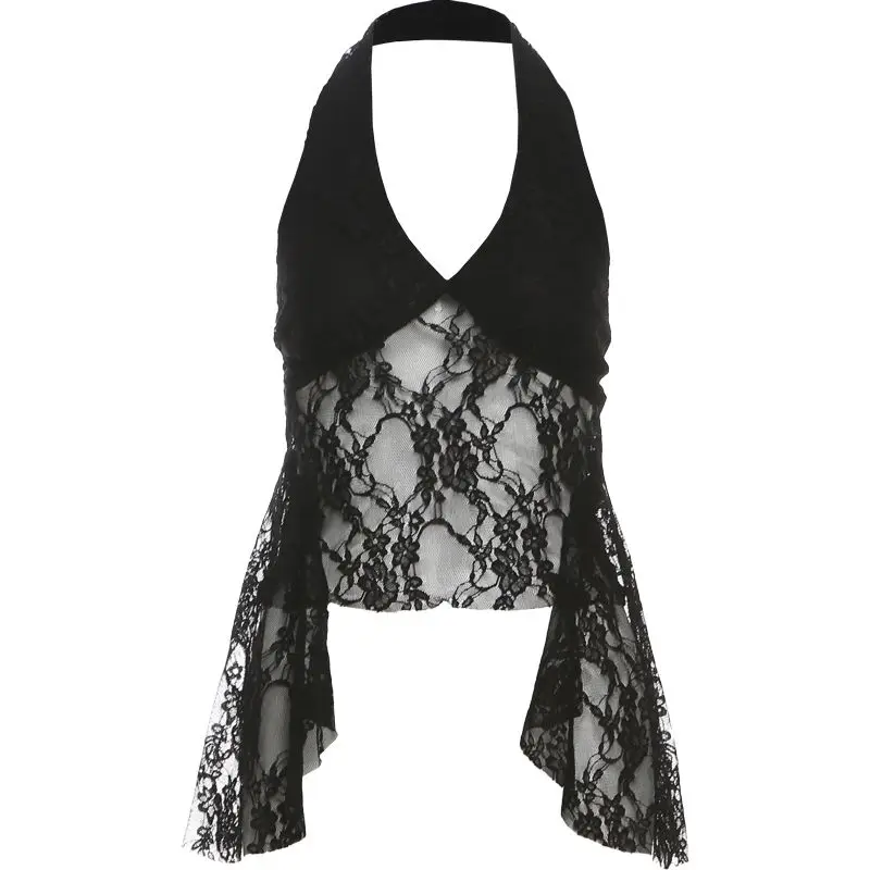 

Women's Spice Girls See-Through Lace V-Neck Sleeveless Vest Design Sense Skinny Irregular Top