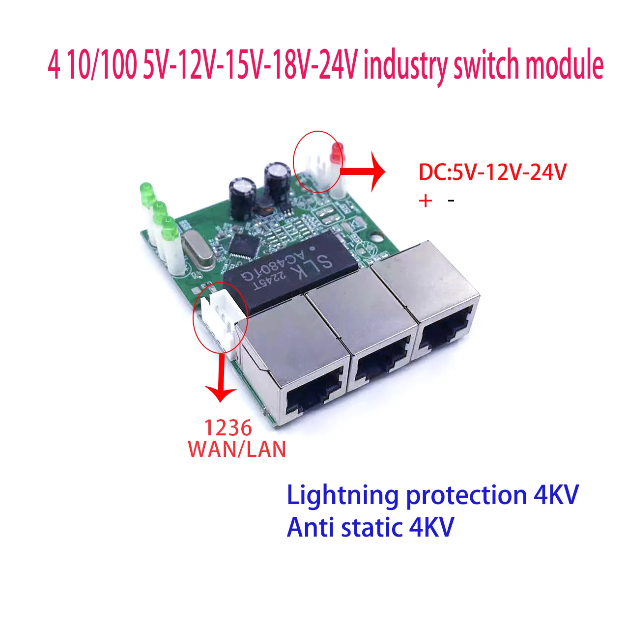 

Промышленный коммутационный модуль Mini PCBA с 4 портами, 100 Мбит/с, 5 В, 12 В, 15 в, 18 В, 24 В, с защитой от молний, 4 кВ, антистатический, 4 кВ