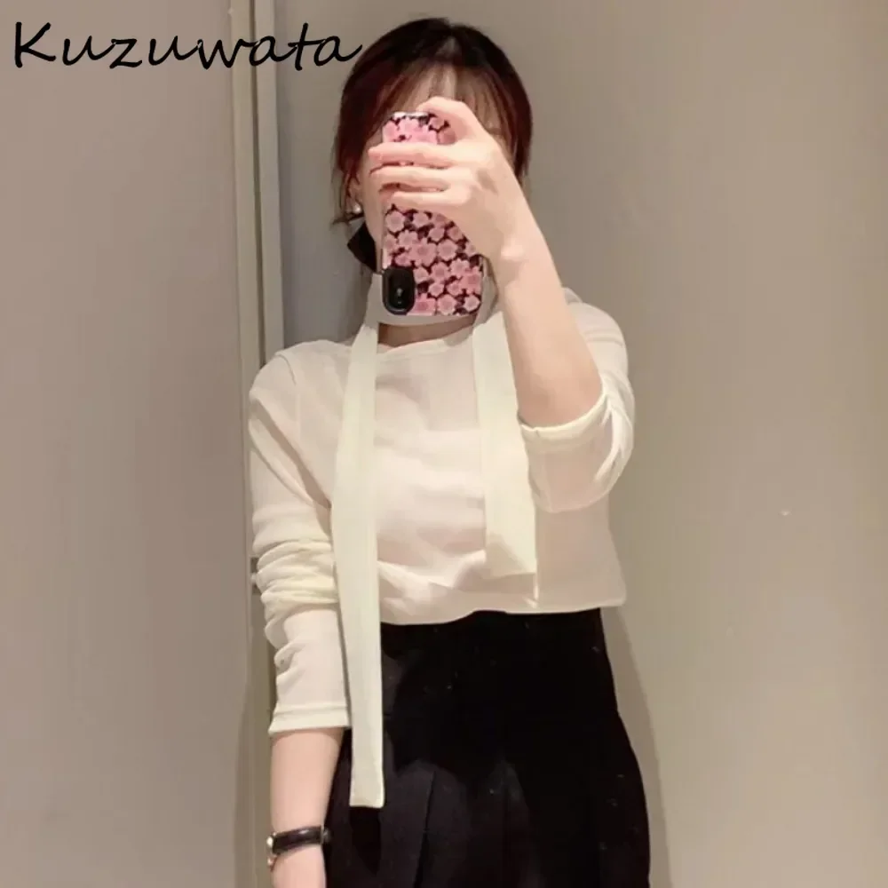 Kuzuwata Solid Halter Long Sleeve All-match T-shirt Lace Up Hollow Out Simple Bottom Layer Ropa Mujer Japan New Sweet Women Tops