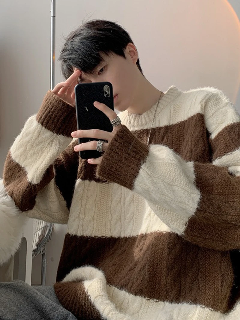 

Men Harajuku Sweater Fashion Knitted Hip Hop Streetwear Color Matching Pullover Oversized Casual O-Neck Men Vintage Sweaters