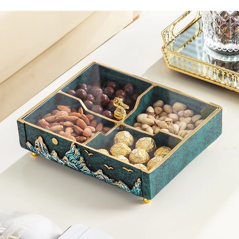 

Resin Storage Box 4 Compartments Container Household Dried Fruit Candy with Lid Living Room Rectangular Snack Plates