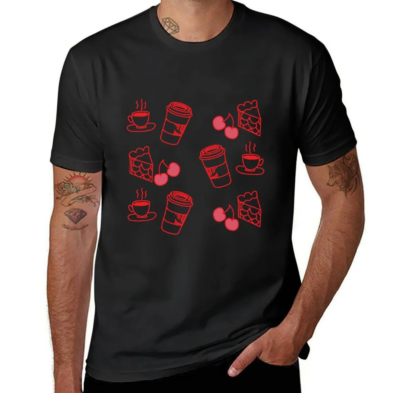 

Coffee and Cherry Pie Pattern in Red and White T-Shirt cute tops sublime Short sleeve tee men