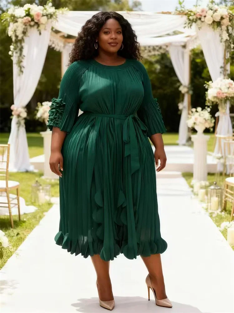 مياكي مطوي 2025 نمط المحكمة الجديد للربيع والصيف رقبة مستديرة بلون سادة زهور مكرنك يدوية مقاس كبير فساتين مطوية #3