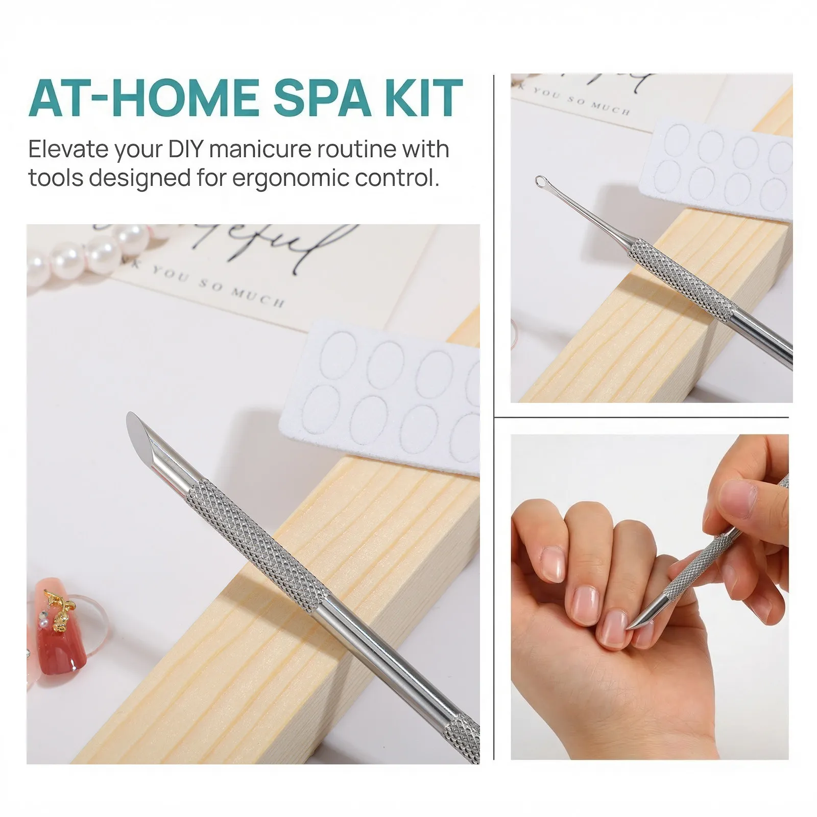 6Pcs Double Ended Cuticle Pusher Tool Metal Circle Bevel and Round Tip Nail Scraper with 100 Grit Sandpaper Sheets for Cuticle