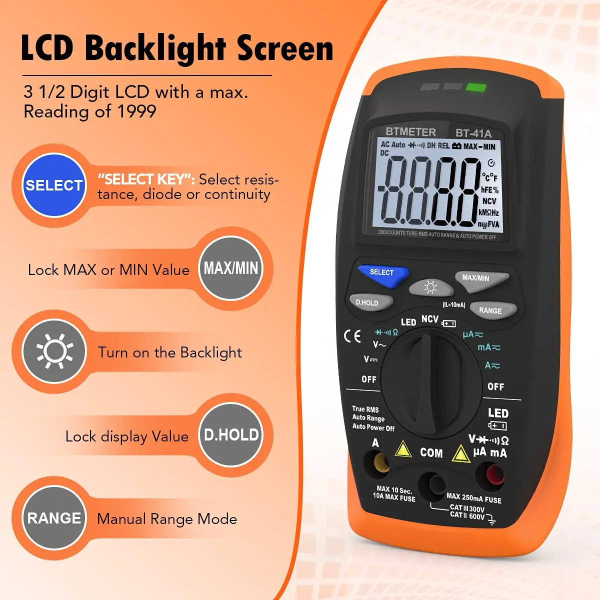 BT-41A Auto-Ranging Digital Multimeter,TRMS Voltage Tester DMM for AC/DC Volt Amp Ohm LED Test with NCV Data Hold LCD Blacklight