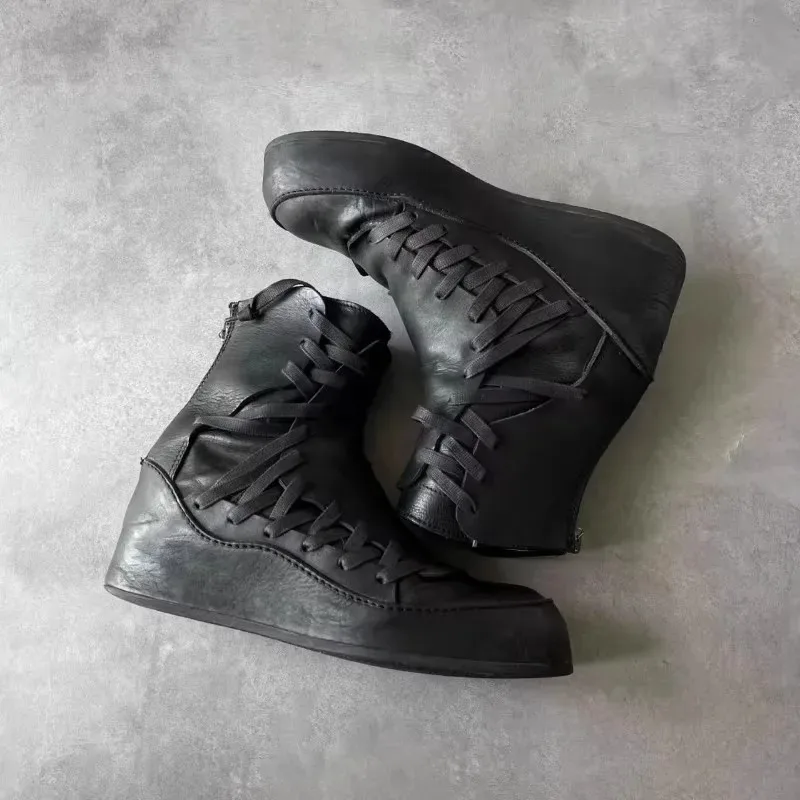 Women's Side Cross Tied Black Walking Boots Round Toe Thick Soled Solid Zipper Winter Runway Concise Shoes Western Cowboy Boots