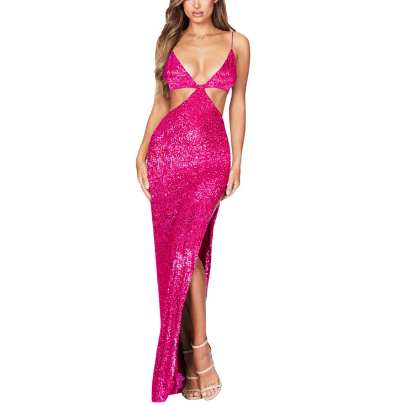 

Sexy Hollow High Waist Slit Evening Dress Fashion Sequined Backless Sleeveless Elegant Party Dresses Solid Long Graduation Dress