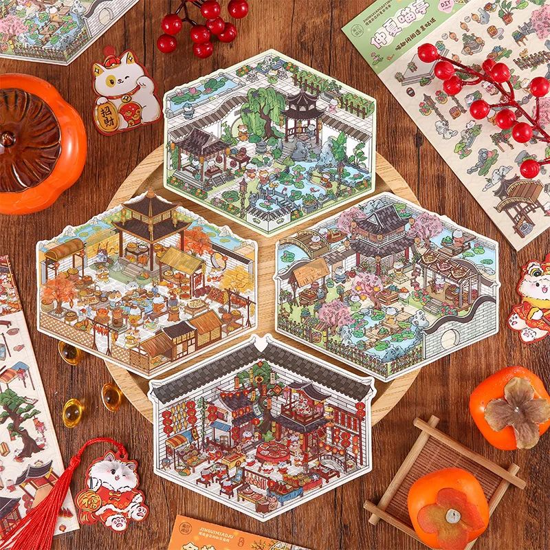 Китайский-древний-кот-серия-четырех-сезонов-пейзажные-наклейки-Новый-год-национальный-стиль-погружные-декомпрессионные-пейзажные-наклейки