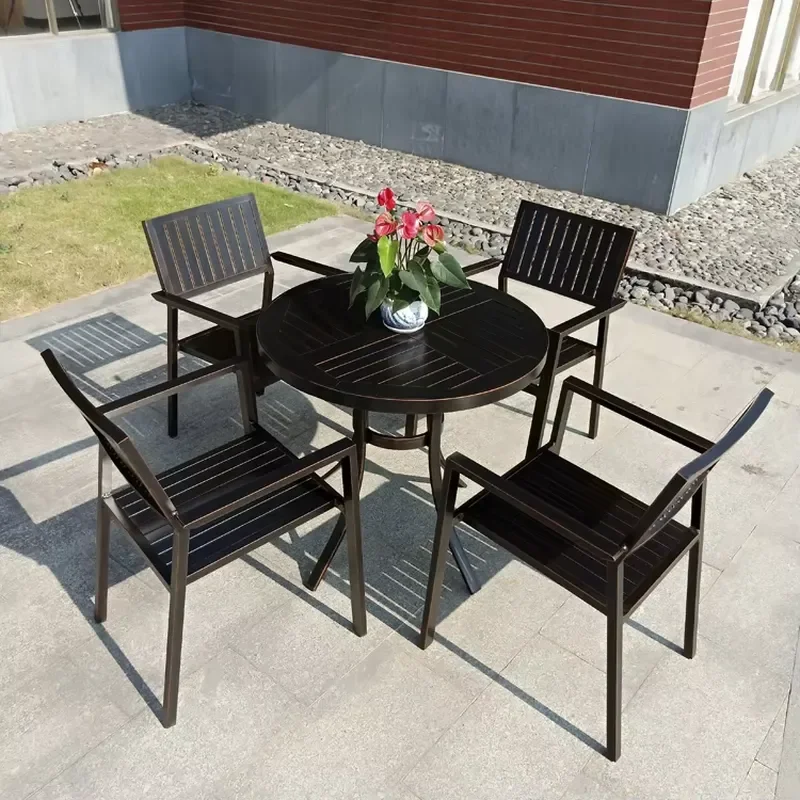 Aluminum Coffee Table Set Wood Grain Metal Square Patio Furniture 4 Chairs Outdoor Garden Bistro Restaurant