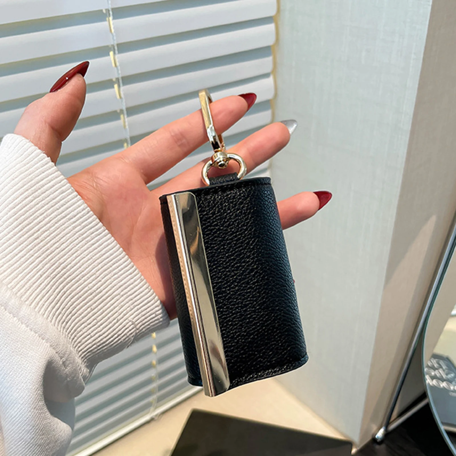 

PU Leather Foldable Tote Bag with Key Ring Portable Wallet Purse Large Capacity Collapsible Travel Storage Bag for Daily Errands