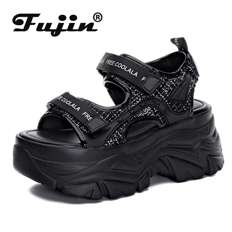 

Fujin 8cm Sequied Cloth Women Mules Hook Shoes Synthenic Platform Wedge Hidden Heel 2024 Fashion Casual Summer Sandals Slippers