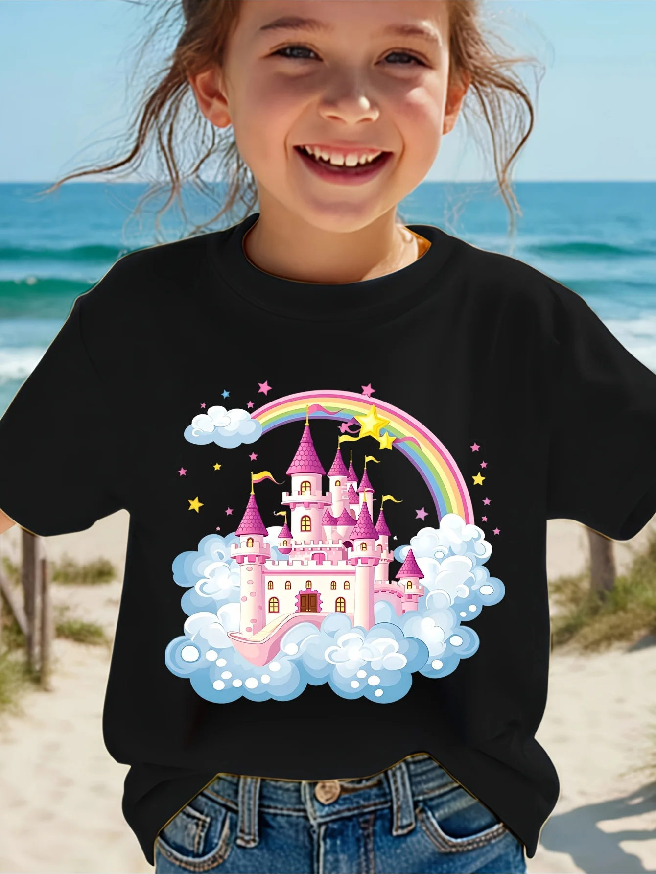 Kids Fairy Tale Castle Rainbow Cloud Graphic Tee Boys Girls Family Matching Short Sleeve Princess Theme Casual Daily T Shirt