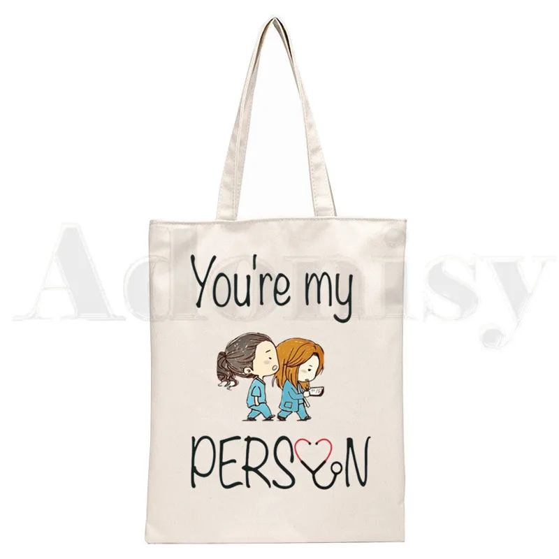 Grey's Anatomia Bolsa de Ombro Canvas, Feminino Engraçado Saco de Compras Ambiental de Grande Capacidade, Cinza Anatomia Você é Minha Pessoa Imprimir