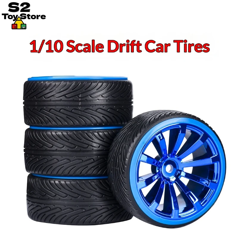 Drift Wheels with Blue Rims for Yokomo D5 & MST 1/10 RC Slick Tire & Wheel Set Complete Upgrade for On-Road Models