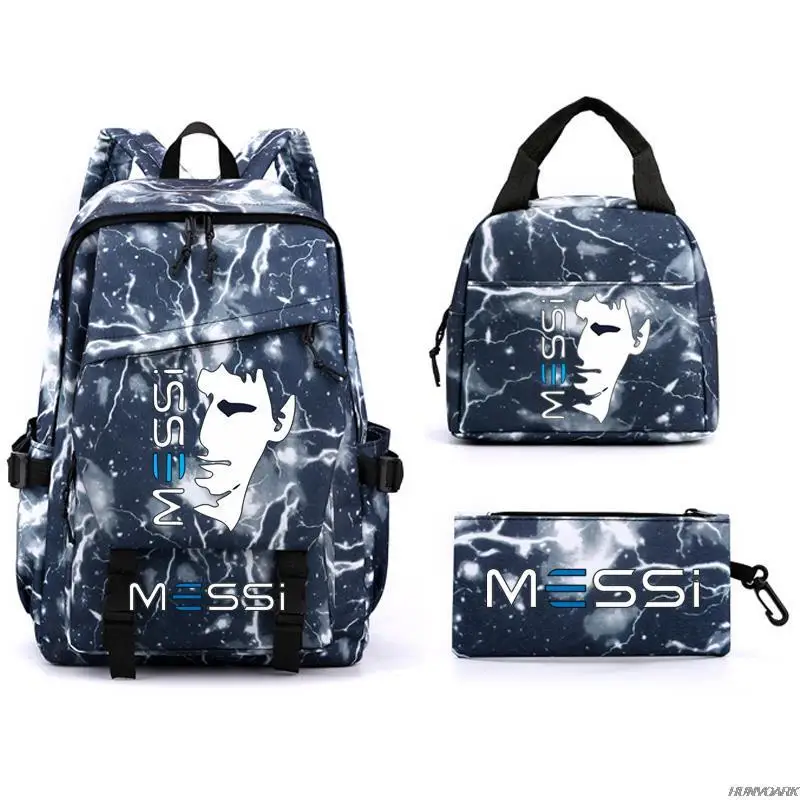 New 3pcs Messi Backpack Laptop Student School Bags Teens Girls Boys Schoolbag Book Bags Pencil Case Women Men Travel Mochilas