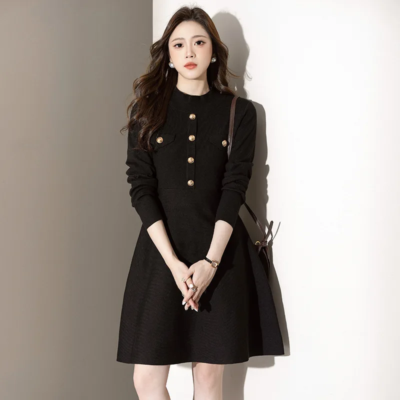 

#2425 Autumn Winter Black Knitted Sweater Dress Women Half High Collar Buttons Pullover A-line Dress Long Sleeve France Style