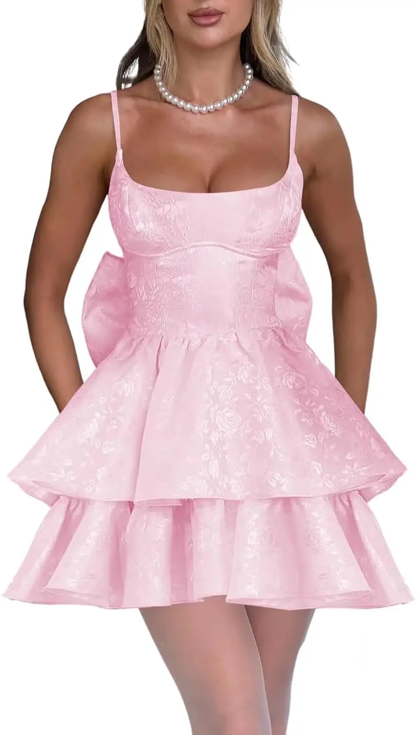 スパゲッティストラップ ホームカミングドレス リボン付き ジャカード 花柄 サテン Aライン ミディ フォーマル カクテルドレス 膝上、ミニ