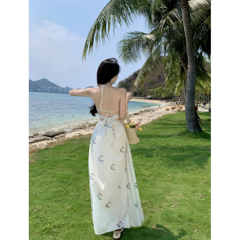 Thailand Travel Seaside Vacation Beach Skirt Female Backless Lace up Printing Slip Dress