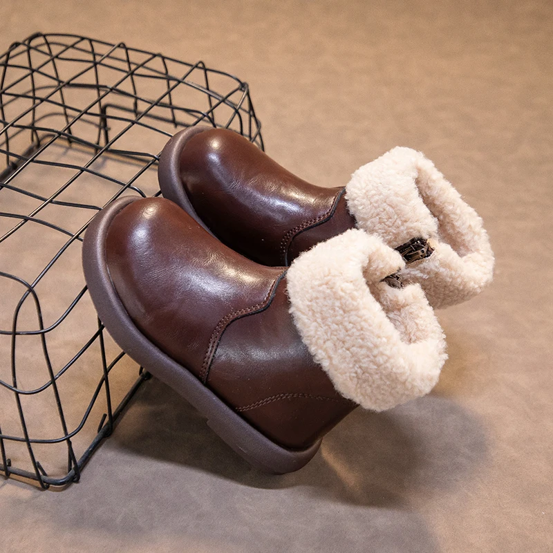 

Ботильоны для девочек с боковой молнией, детские теплые зимние ботинки, зимние модные детские короткие кожаные ботинки, нескользящая мягкая подошва