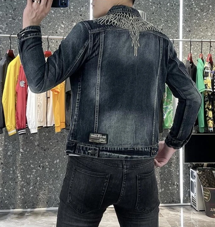 Autumn Winter New Slim Fashion Trend Wing Embroidery Denim Jacket Men's Coat Mens Clothing College Casual Clothes Men Baseball