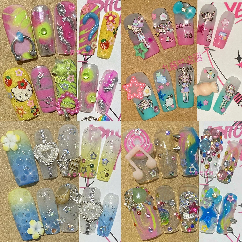 Sanrio Kawaii Y2K Cartoon Long Square Fake Nails Hello Kitty Spice Girl Musical Symbol Pearl Glisten Diamond Full Cover Nail