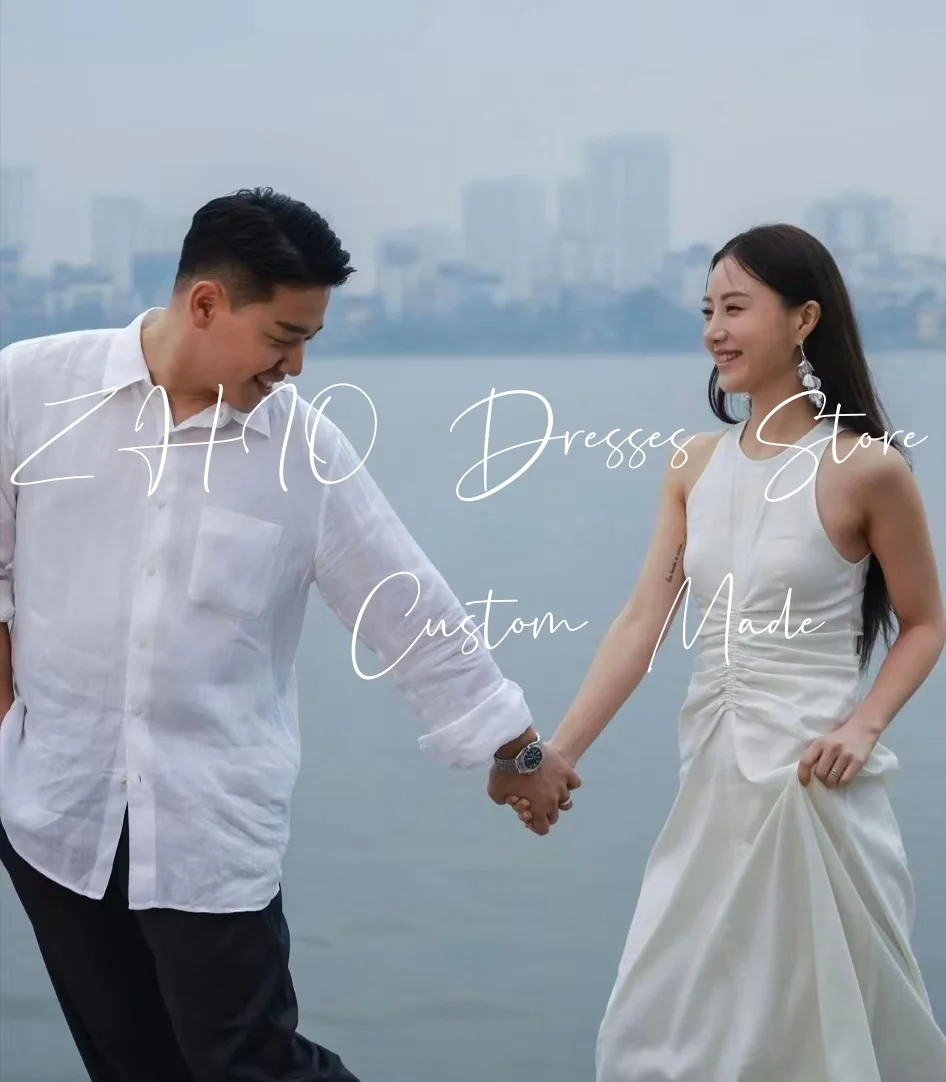 

ZHIO Simple White Satin Wedding Party Dress O-Neck Pleat A-Line Korea Photo Shoot Bridal Gown Evening Dresses Custom 웨딩드레스