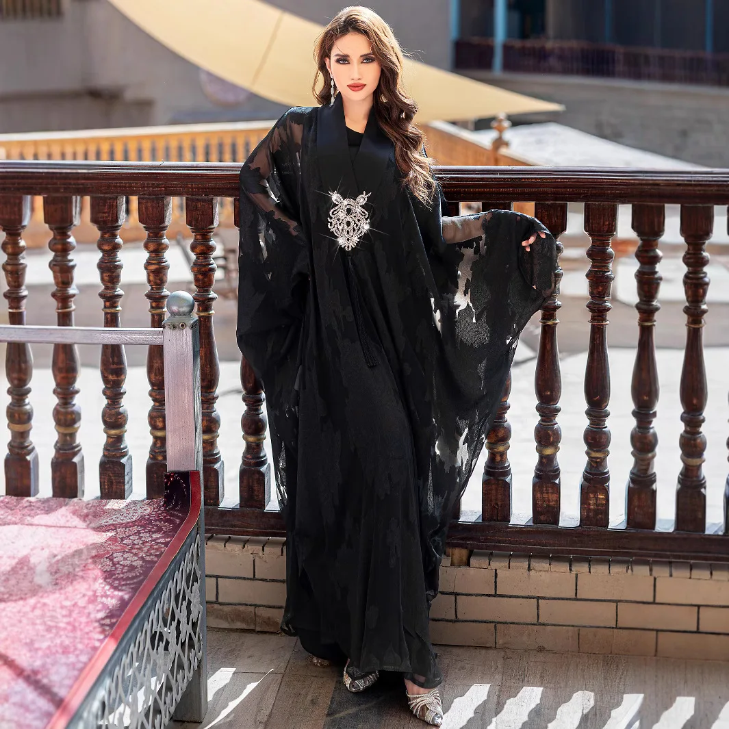 

Роскошный черный жаккардовый халат с вышивкой и кисточками, элегантный халат Абая, женское мусульманское платье, Дубайский кафтан, кимоно Kebaya Marocain Femme Caftan