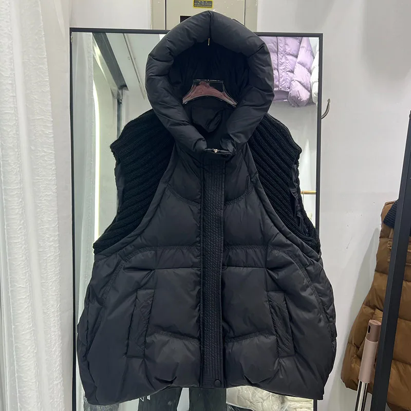 ผู้หญิงเสื้อกั๊ก 2025 ใหม่ฤดูใบไม้ร่วงฤดูหนาว WARM Hooded เป็ดสีขาวลงสีทึบถักผู้หญิงลงเสื้อแจ็คเก็ตผู้หญิงลงเสื้อกั๊ก H481