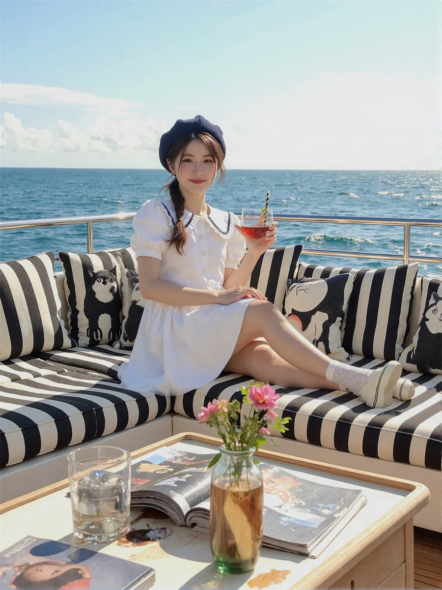 Vestidos de mujer estilo japonés Casual cuello Peter Pan suelto plisado plisado a mano volantes volantes fruncido nivel ahumado