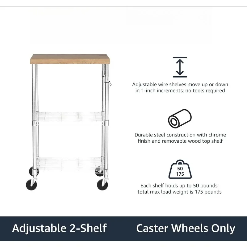 Portable Kitchen Storage Rack on Caster Wheels with Adjustable Shelves, 175 Pound Capacity, 21 x 15 x 36.7 inches (LxWxH),