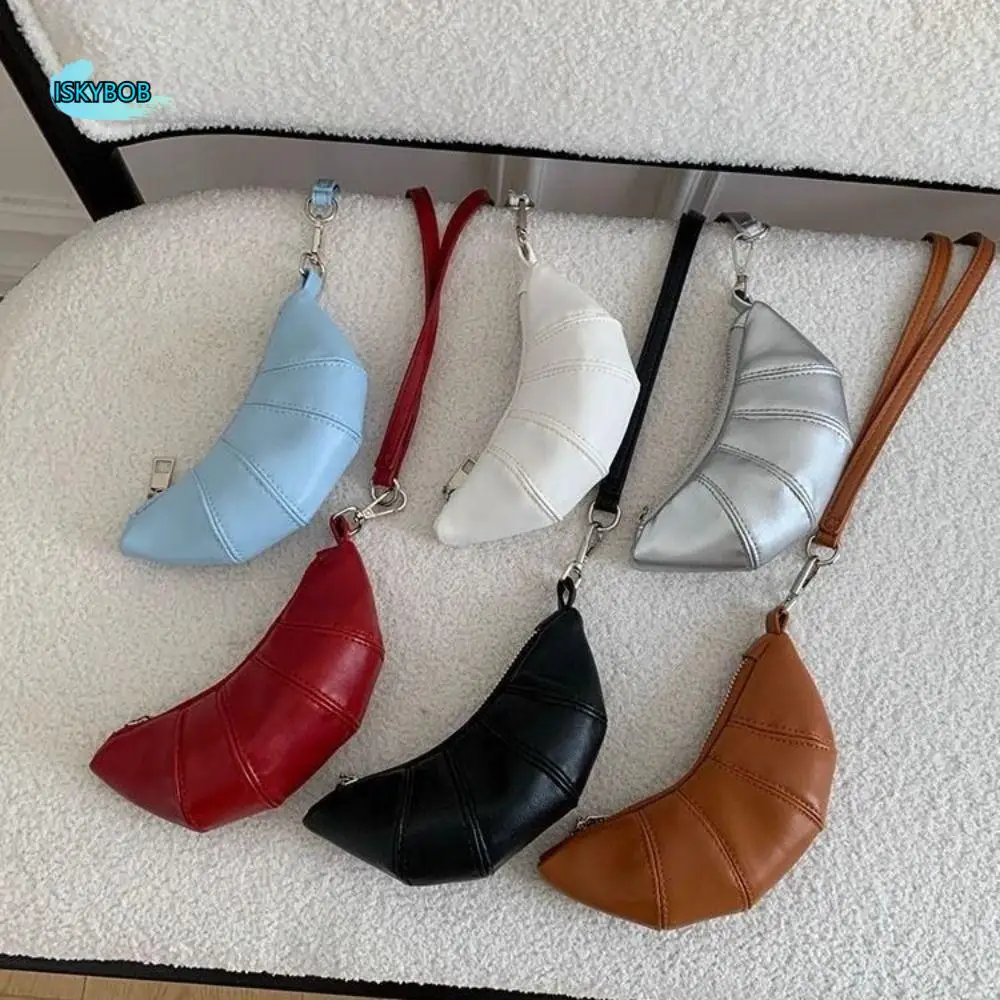 

Portable PU Leather PU Croissant Bag Silver Purse Lanyard Wallet Solid Color Cute Hanging Neck Coin Purse Girls/Female