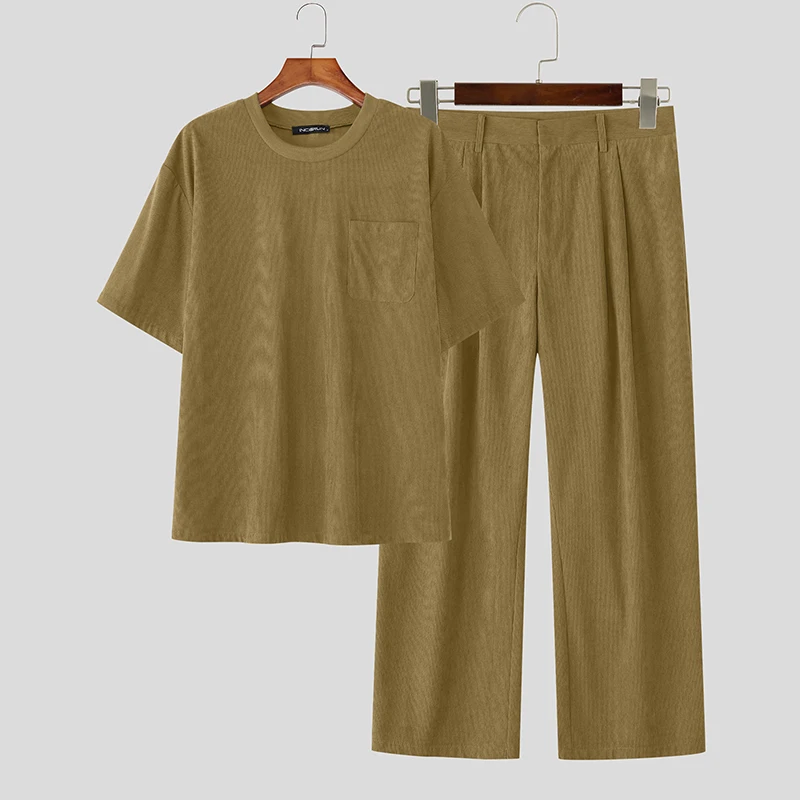 

INCERUN Men Sets Solid Color Corduroy Loose Short Sleeve T Shirt & Pants 2PCS Korean Style Streetwear 2025 Fashion Men's Suits