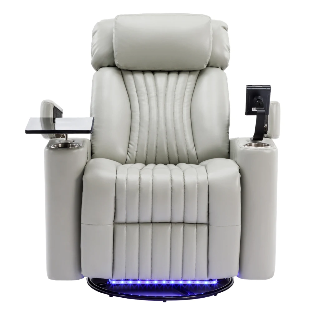 

270° Power Swivel Recliner,Home Theater Seating With Hidden Arm Storage and LED Light Strip,Cup Holder,360° Swivel Tray Table