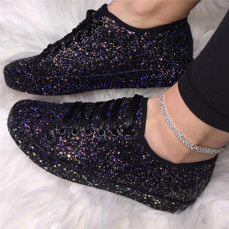 Spring Autumn Casual Glitter Flat Shoes for Women Lace Up Solid Sequin Skate Shoes Breathable Fashion Sneakers Large Size35-43