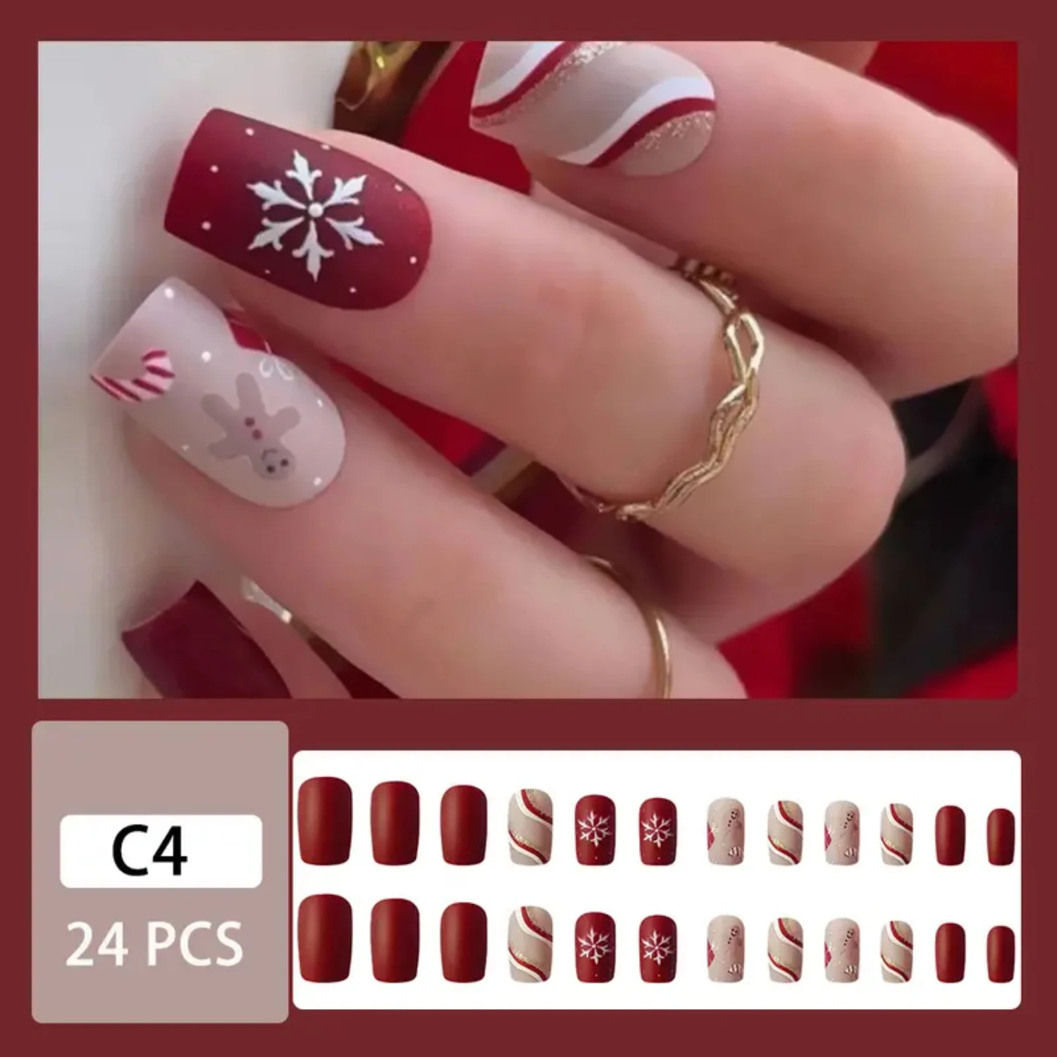 

Shimmering Christmas Red Snowflake Square Acrylic Full Cover False Nail Accessory for Women - 24Pcs Glossy Glue On Nails for Gir