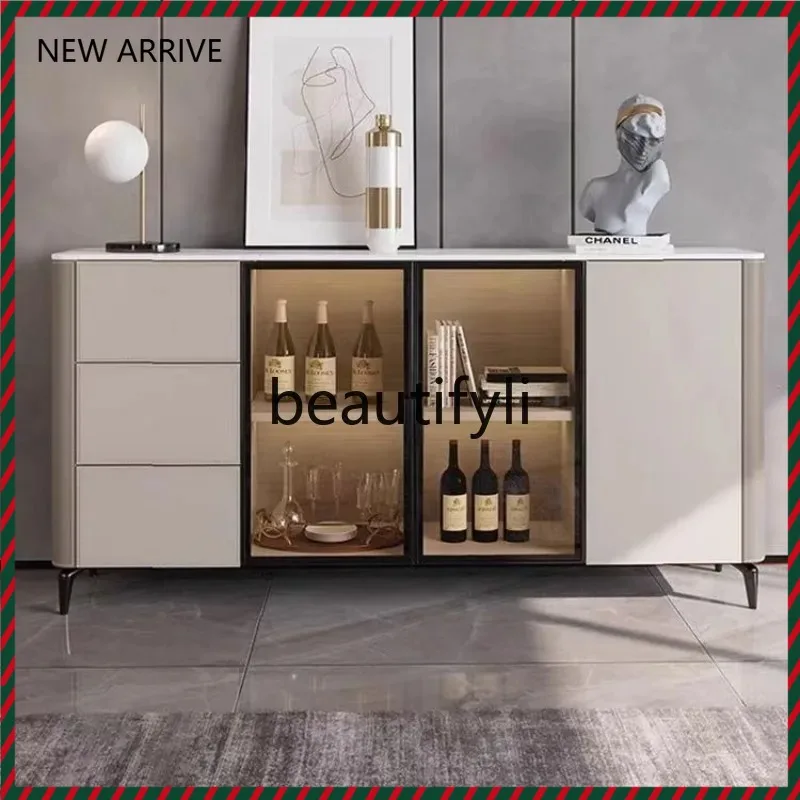 

D2520 Saddle leather dining side cabinet living room glass door against the wall solid wood rock slab tea storage wine cabinet