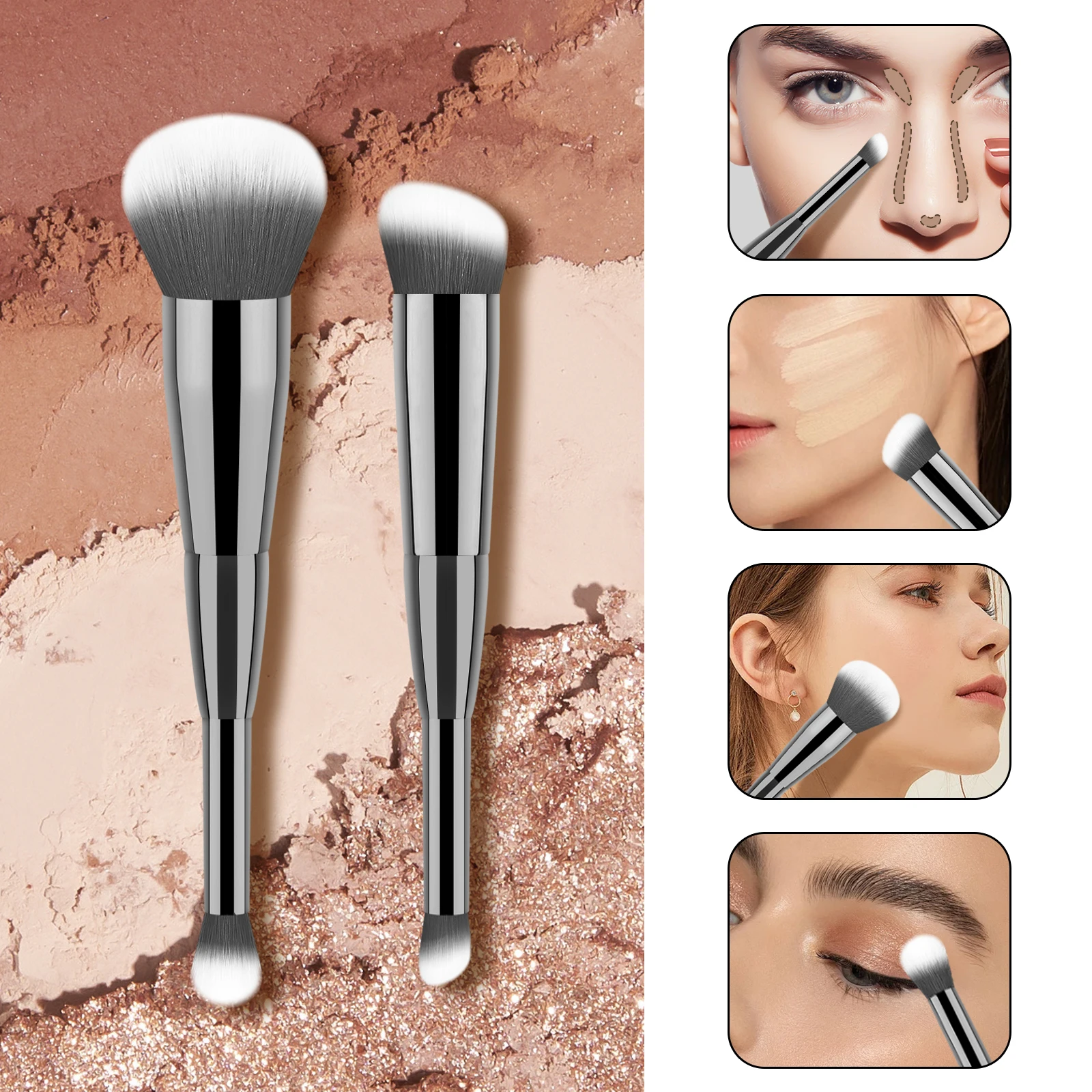 2 uds cara doble cabeza maquillaje ajuste base contorno cara contorno cepillo polvo alto brillo colorete Mini portátil Mak