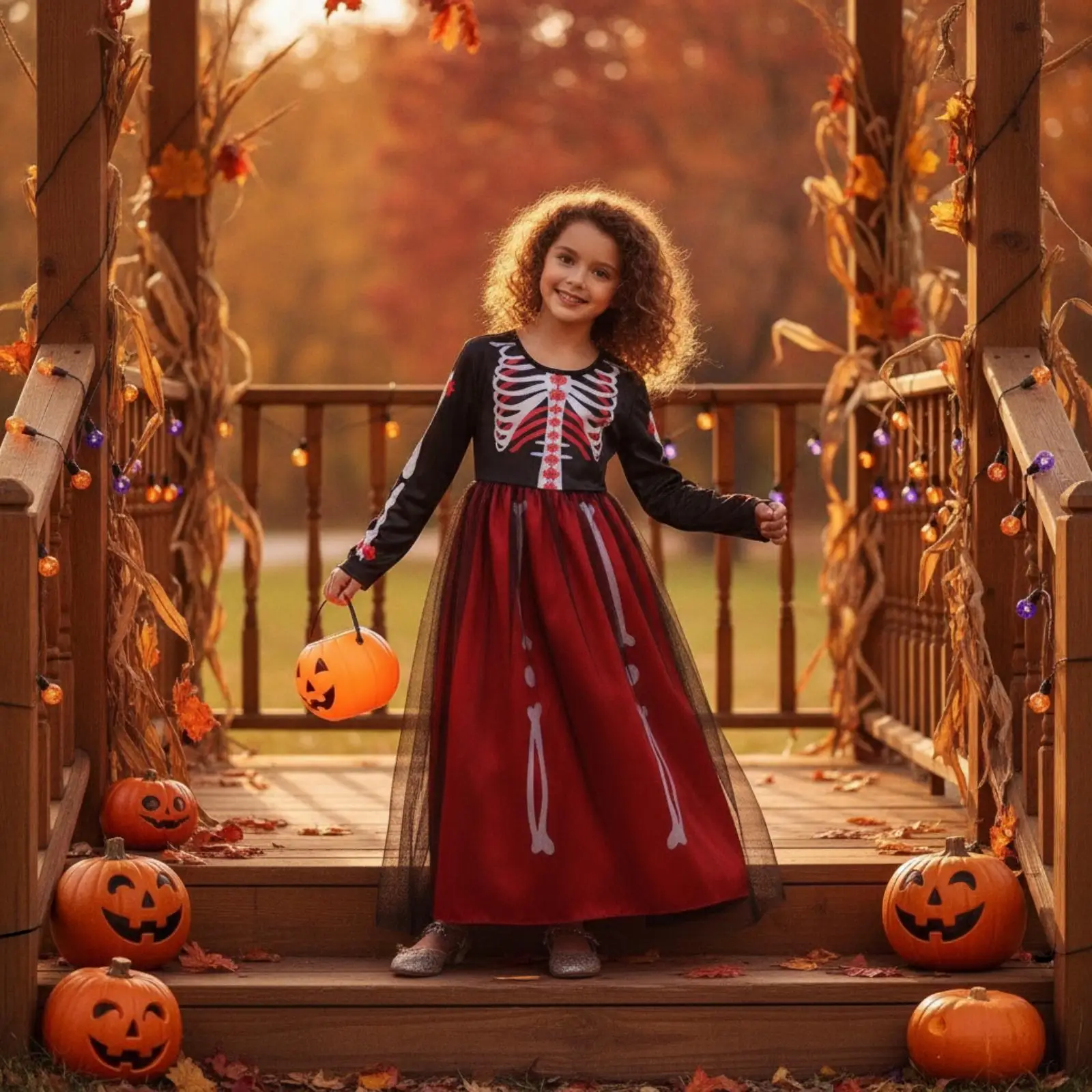 Vestido de Halloween com estampa de esqueleto para meninas, fantasia de manga comprida para festas e eventos.