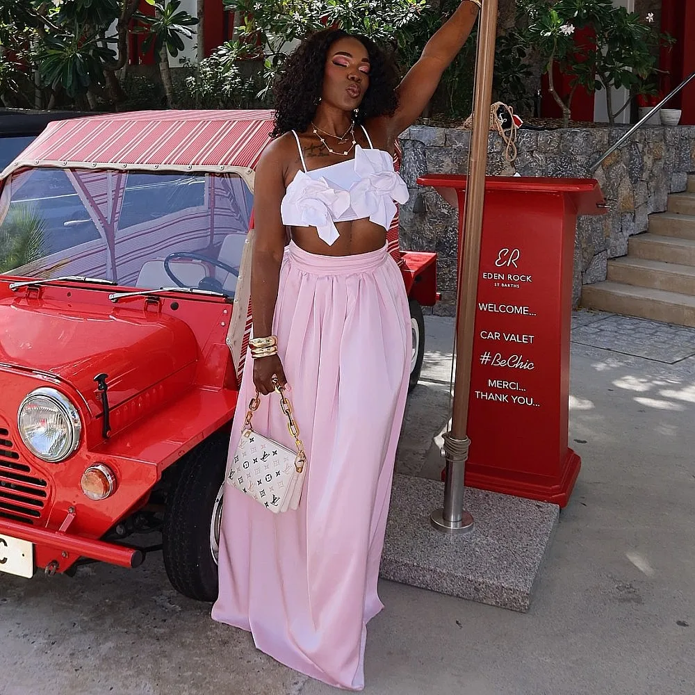 

Pretty Pink Long Women Skirt Without Top High Waist Holiday Skirt Party Wear Yong Girls Maxi Skirt Saias