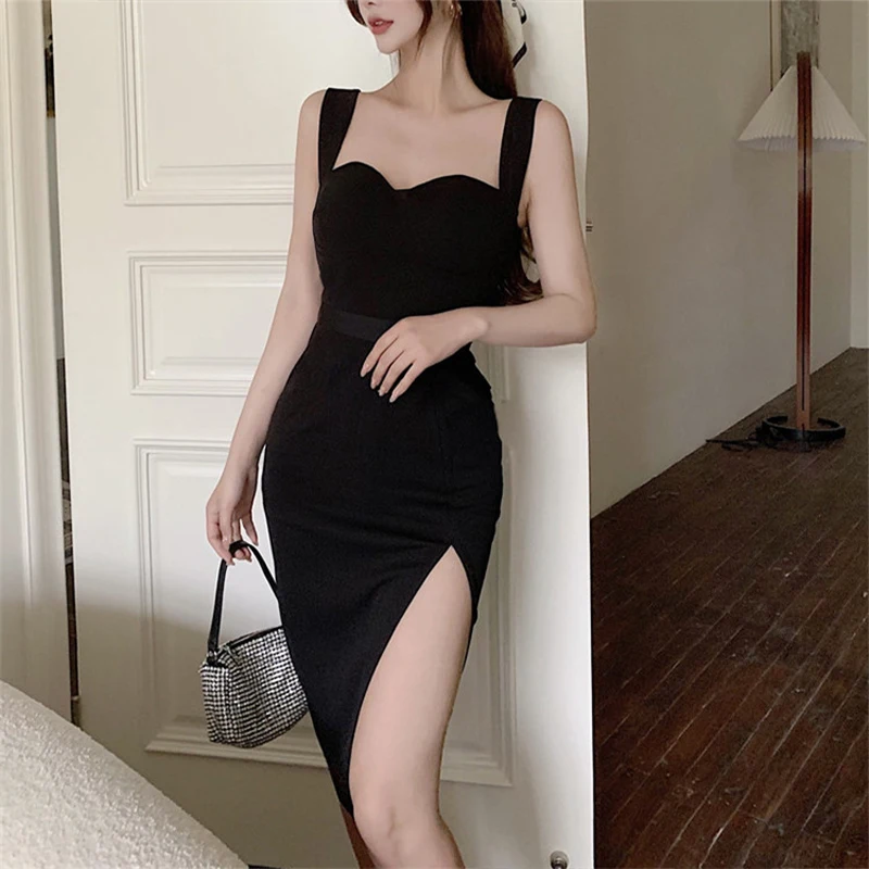 

Women Solid Color Sexy Slim Fit Long Dress 2024 Summer New Split Spicy Korean Chic Thin Spaghetti Strap Fashion Y2k Dress Female