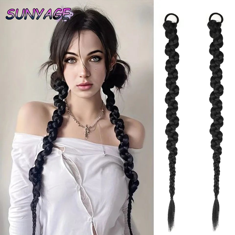 

SUNYAGESynthetic Long Twisted Boxing Pigtail Chignon Tail With Rubber Band Crochet Braid Hair Natural Fake Ponytail Extension