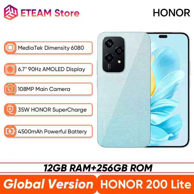 

2024 Global Version HONOR 200 Lite 256GB ROM 5G Smartphone 200Lite Dimensity 6080 6.7'' 90Hz AMOLED Display 108MP Main Camera