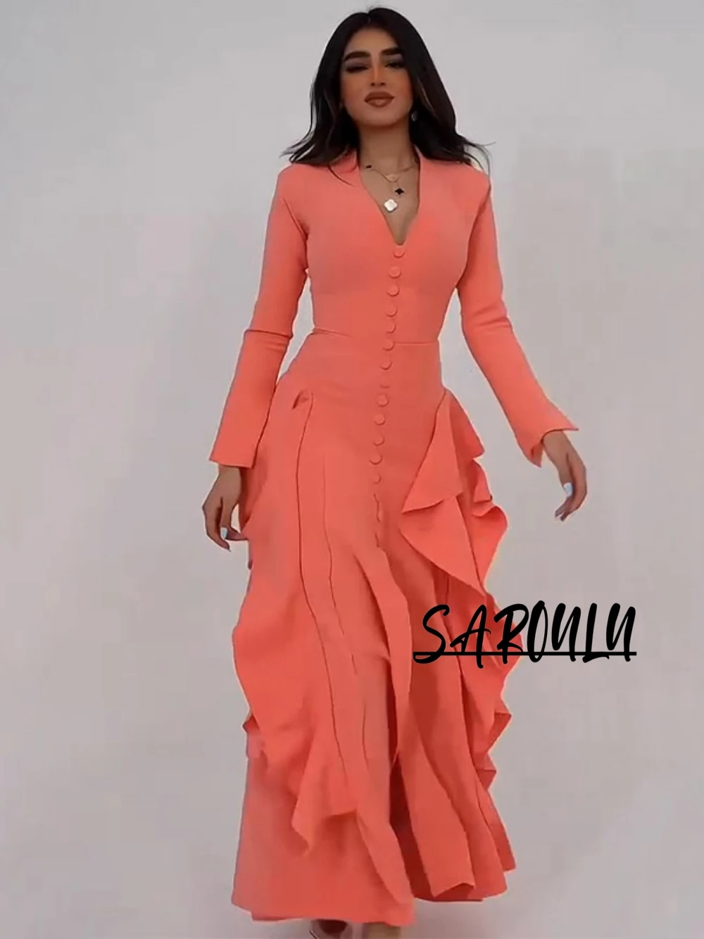 

Elegant Ruffles V Neck Evening Dress For Women S-2XL Daily Party Long Sleeves Wear In Stock Modern Cocktail Gown With Slit