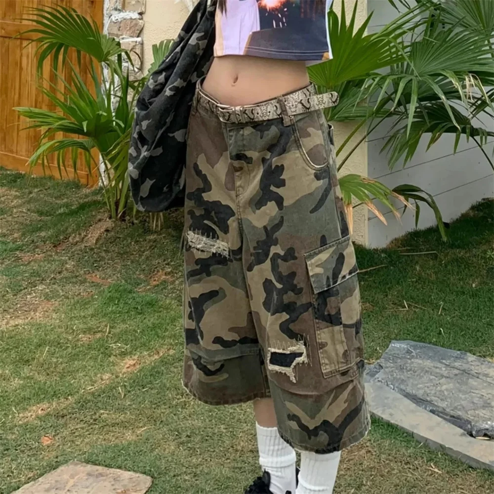 Pantaloncini di jeans mimetici americani retrò streetwear Tasche a vita alta da donna Hip Hop 2025 Jeans corti casual Y2K Grunge