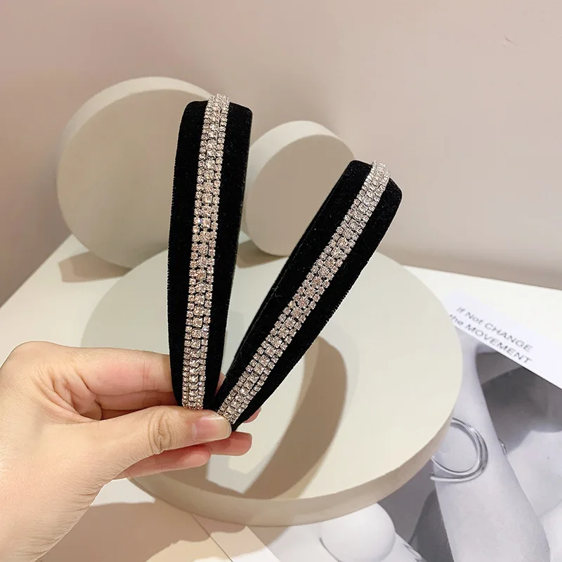 Women Vintage Velvet Shining Rhinestone Headbands Plain Hairband Hair Hoop Simple Hair Holder Headwear